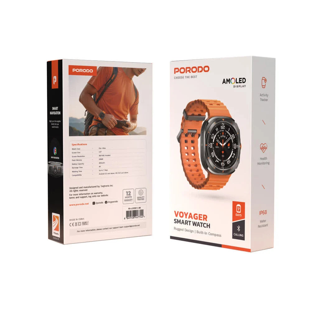 Porodo Voyager Smart Watch - with Orange band - Black